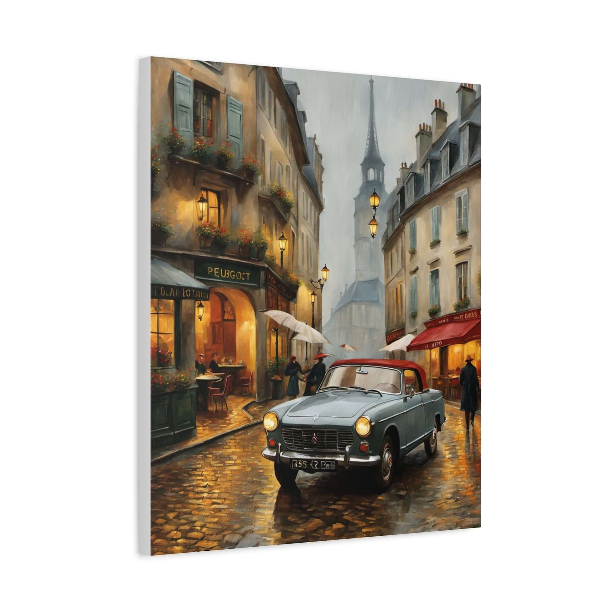Vintage car cityscape canvas art depicting a rainy street with a vintage car and historic buildings