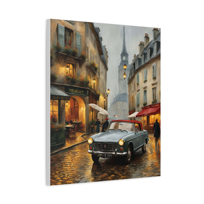 Vintage car cityscape canvas art depicting a rainy street with a vintage car and historic buildings