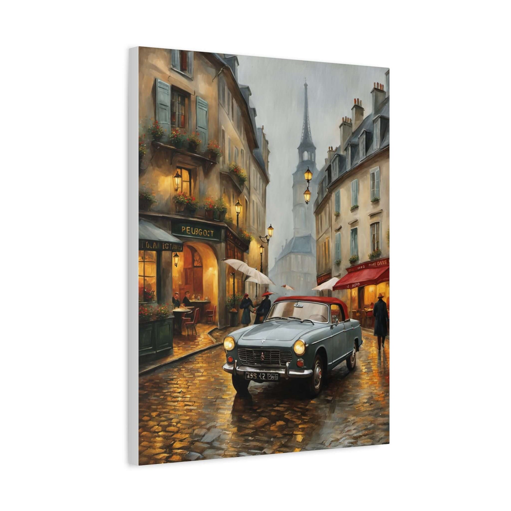 Vintage car cityscape canvas art featuring a blue car on a rainy street in a charming European town