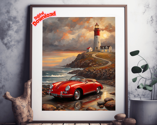 Vintage car coastal artwork digital download featuring a red classic car by a lighthouse on a rocky shore