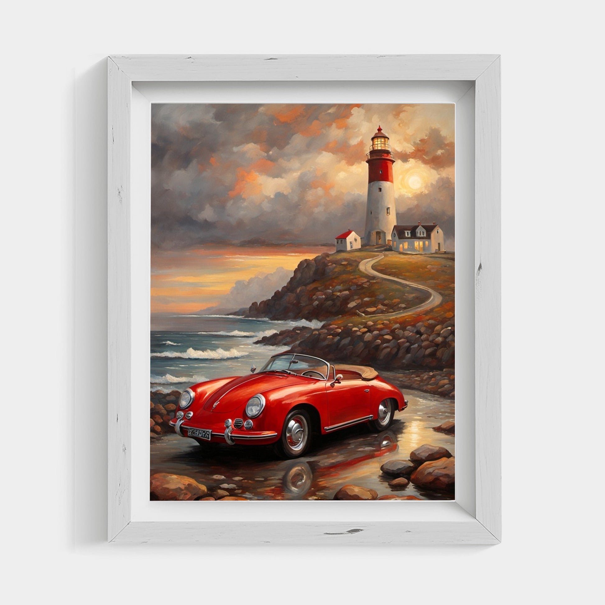 Vintage car coastal artwork featuring a red classic car by the rocky shore with a lighthouse at sunset