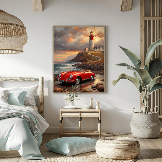 Vintage car coastal artwork featuring a red classic car by a lighthouse at sunset in a modern bedroom