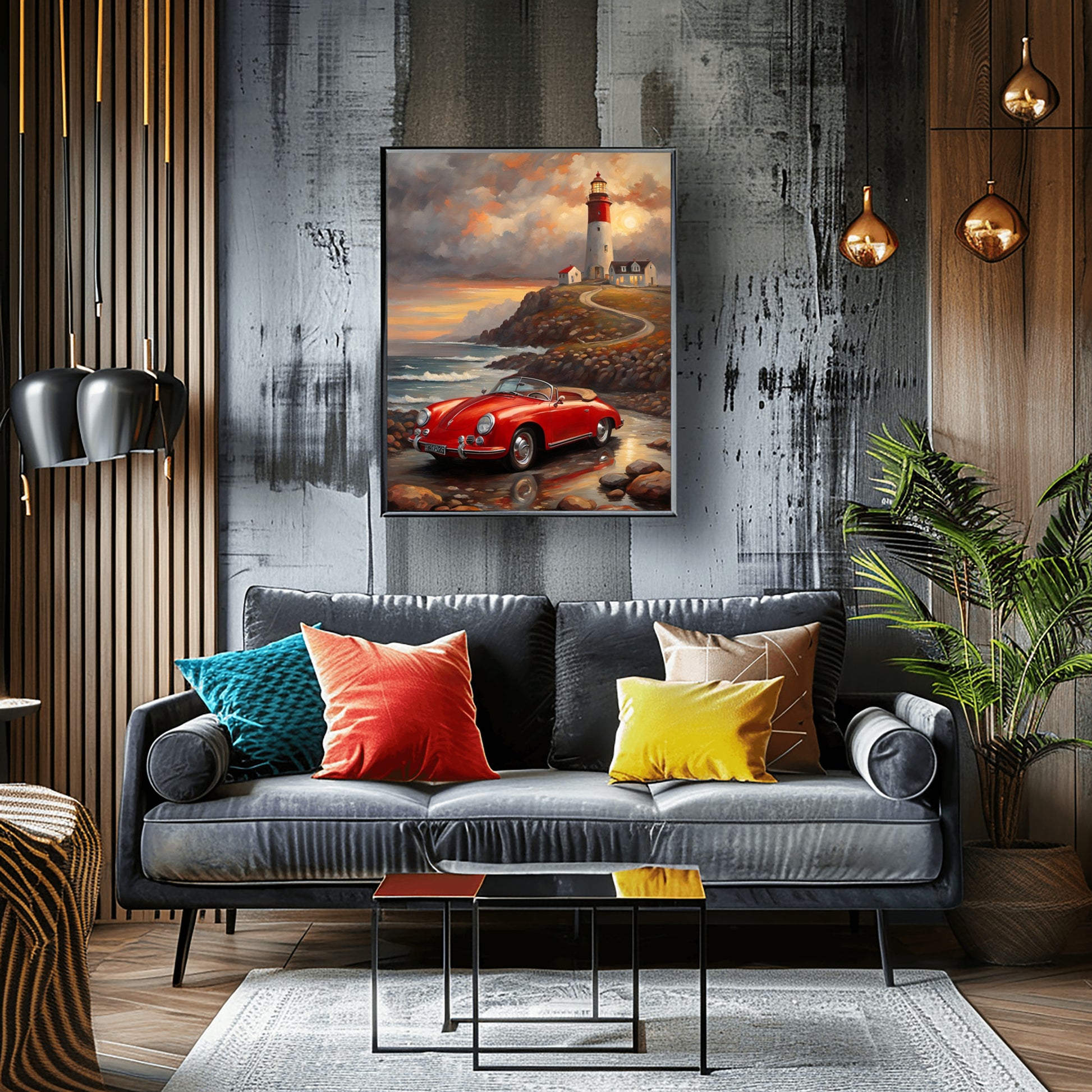 Vintage car coastal artwork featuring a red classic car by a lighthouse hanging above a modern living room sofa
