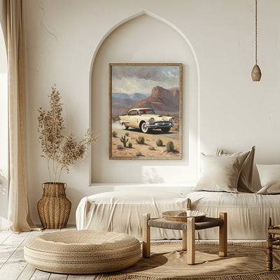 AquilVision desert highway wall art featuring a vintage car in a desert landscape hanging in a neutral-toned modern living room