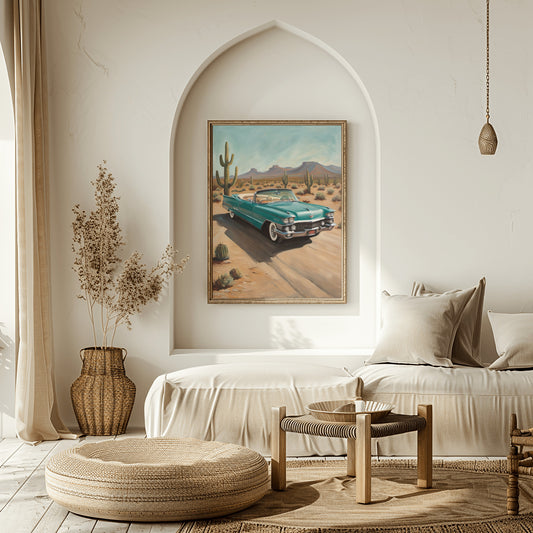 AquilVision desert highway wall art featuring a vintage teal car on a desert road with cacti and mountains