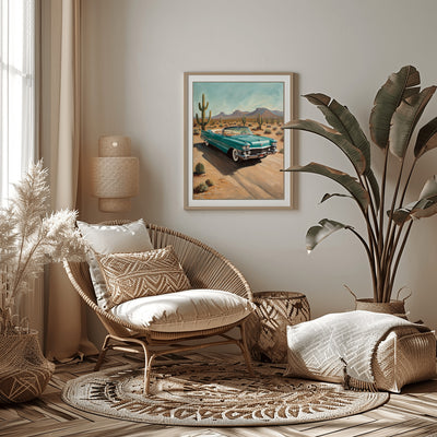 AquilVision desert highway wall art featuring a vintage car driving on a desert road with cacti in a cozy living room