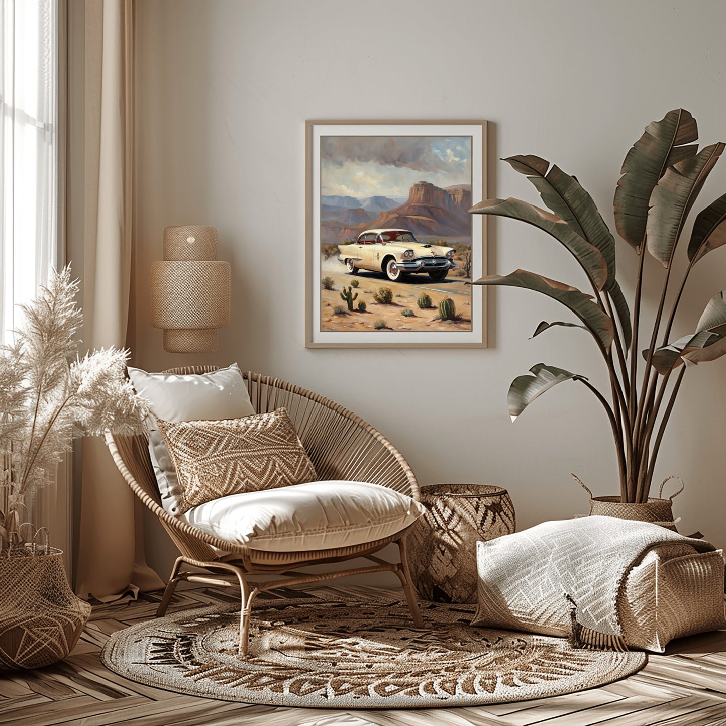 Desert highway wall art by AquilVision featuring vintage car and desert landscape in cozy neutral living room