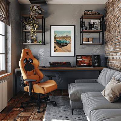 Desert highway wall art by AquilVision featuring a vintage car on a desert road in a modern cozy living room