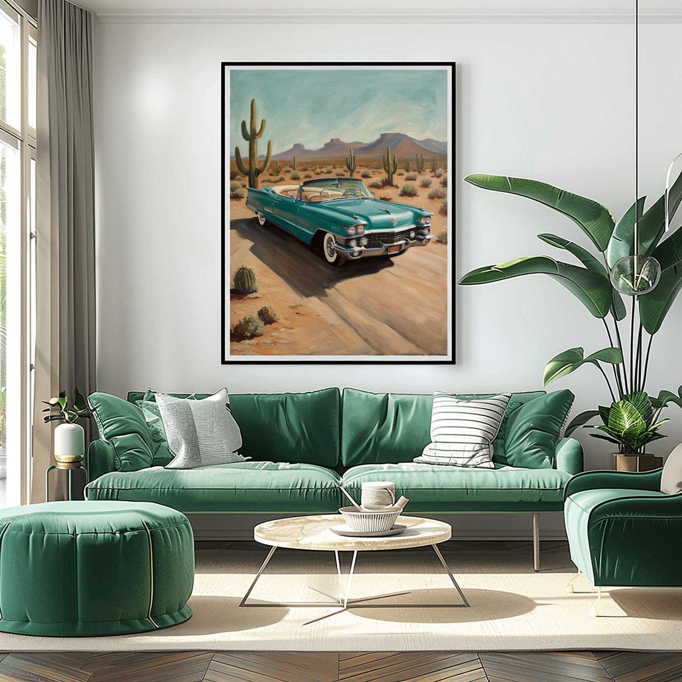 AquilVision desert highway wall art featuring a vintage car driving through a cactus-filled desert landscape