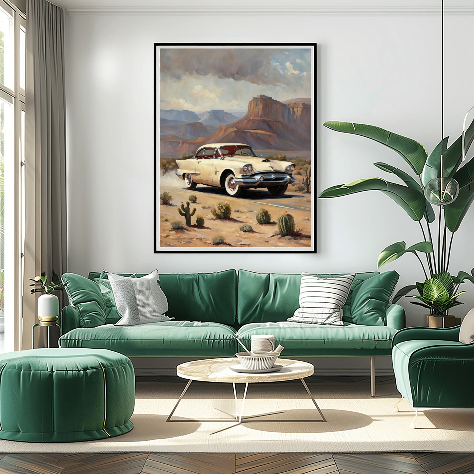 Desert highway wall art featuring a vintage car in a desert landscape above a green sofa in a modern living room