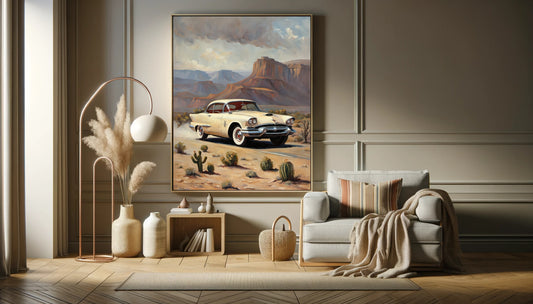 Vintage car on desert highway wall art by AquilVision displayed in modern living room