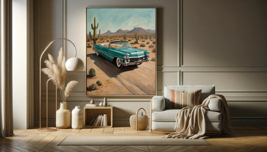 AquilVision desert highway wall art featuring a vintage car driving down a desert road with cacti and mountains