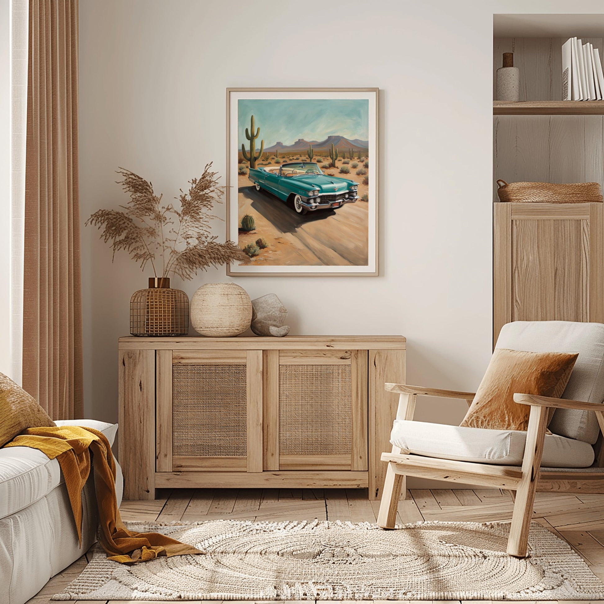 Desert highway wall art by AquilVision featuring a vintage car on a desert road in a cozy living room