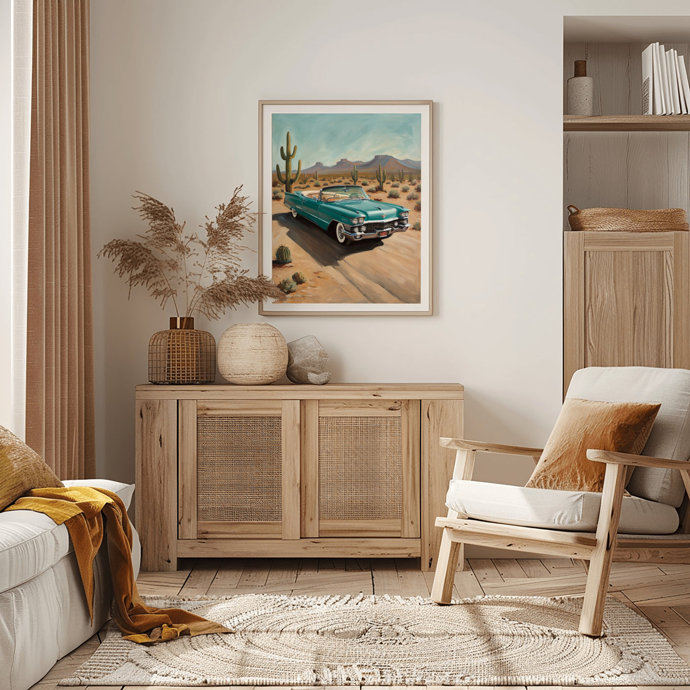 Desert highway wall art by AquilVision featuring a vintage car on a desert road in a cozy living room