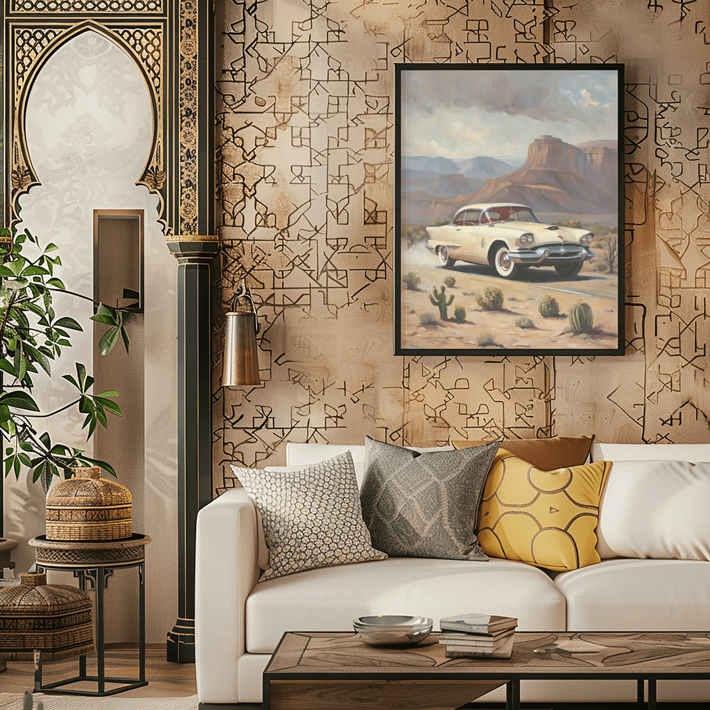 AquilVision desert highway wall art featuring a vintage car on a desert road above a modern white sofa with decorative pillows