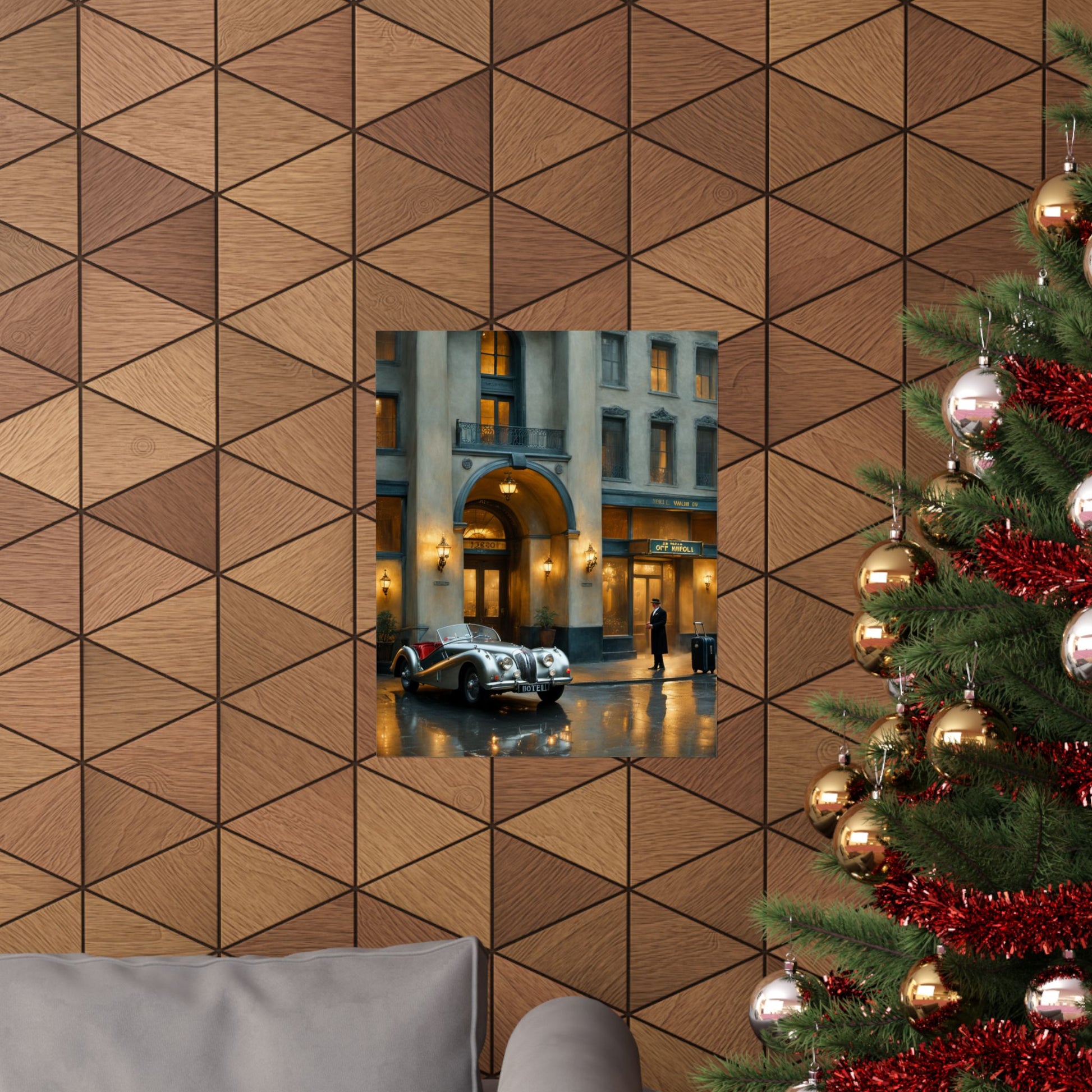 Elegant vintage car home decor print displayed on a stylish wall with a geometric pattern