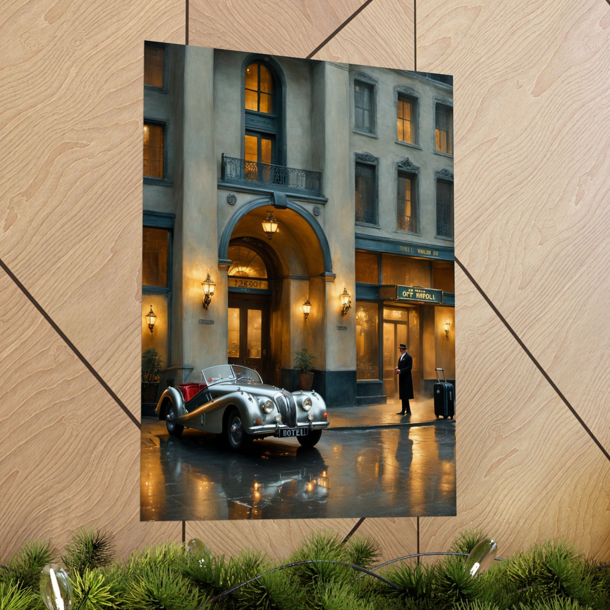 Elegant vintage car home decor print featuring a classic car outside a hotel entrance