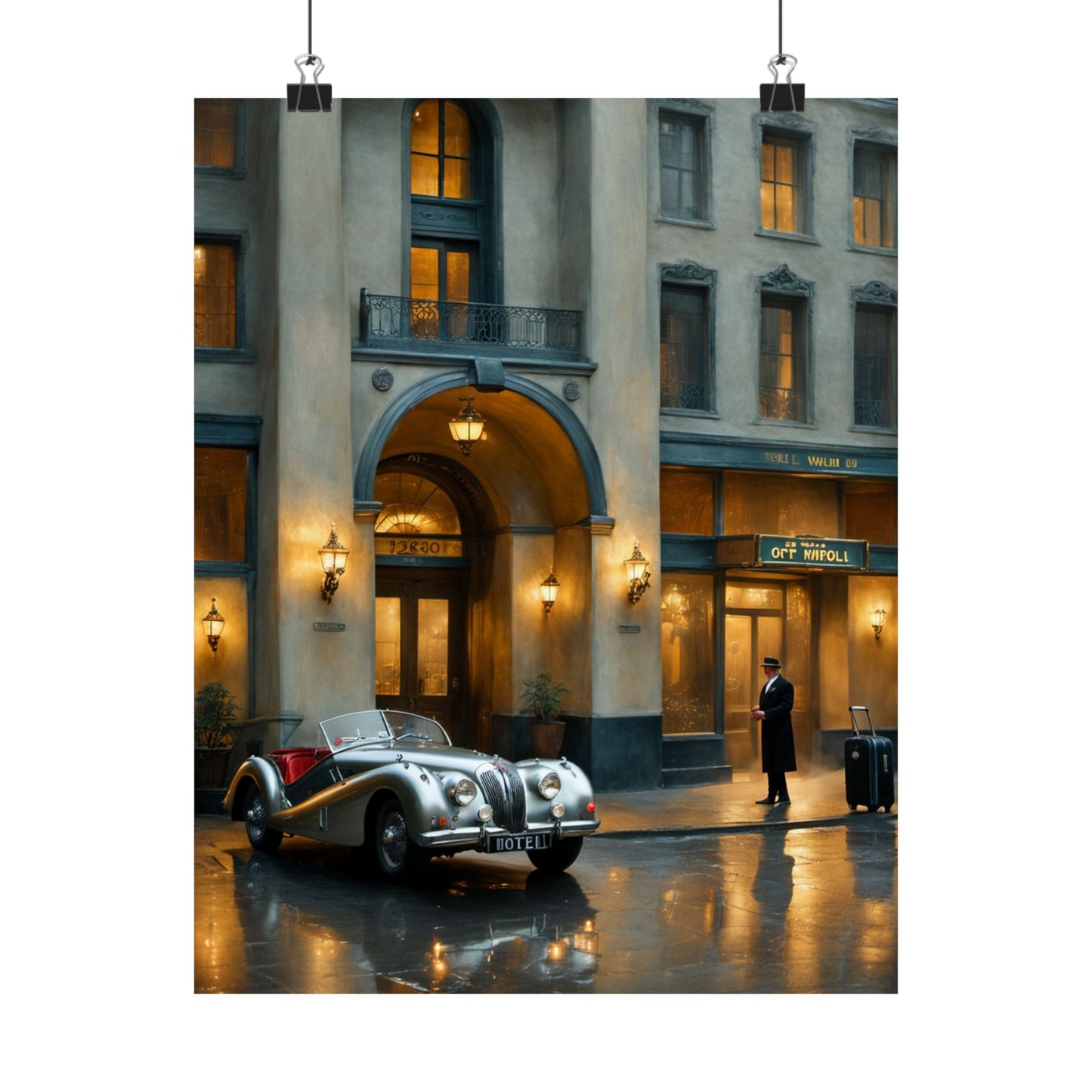 Elegant vintage car home decor print featuring a classic car outside a stylish building at night