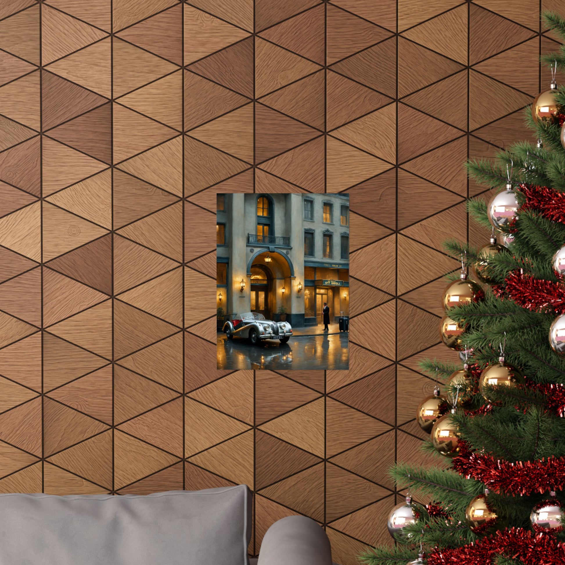 Elegant vintage car home decor print displayed on a geometric patterned wall with holiday decorations