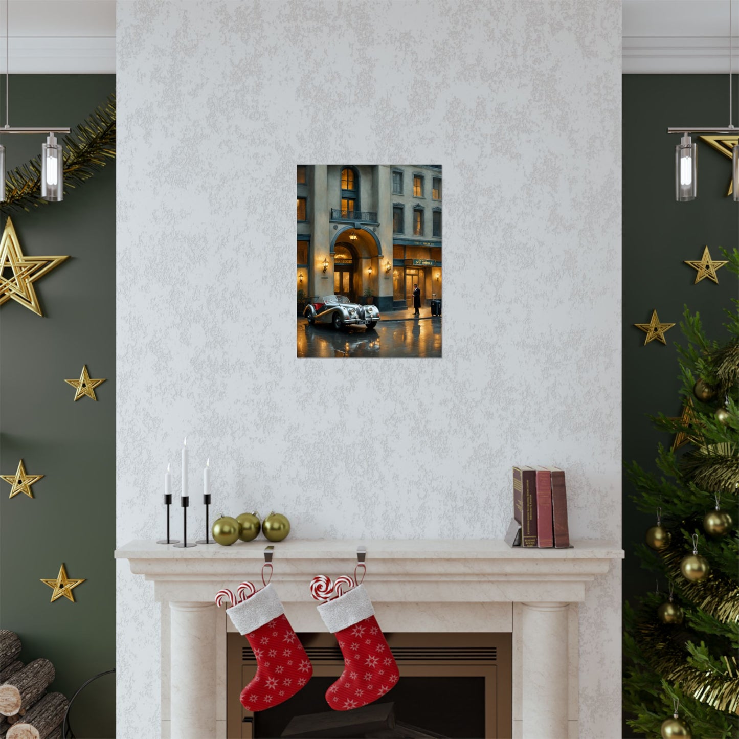 Elegant vintage car home decor print displayed above a cozy fireplace in a festive living room