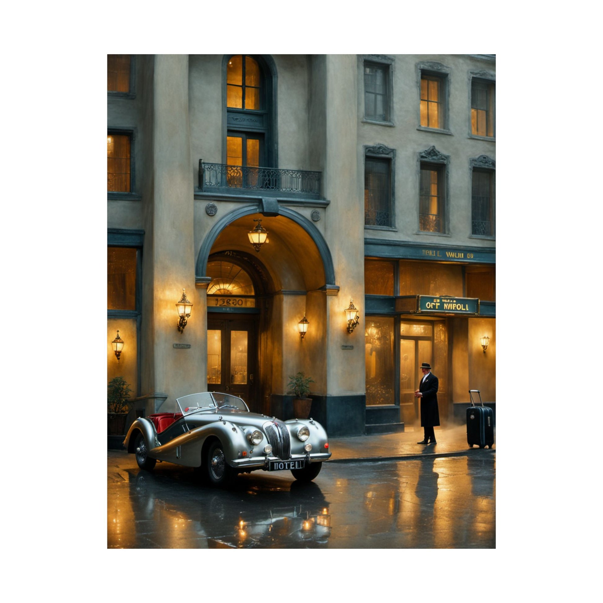 Elegant vintage car home decor print showcasing a classic car in a charming urban setting