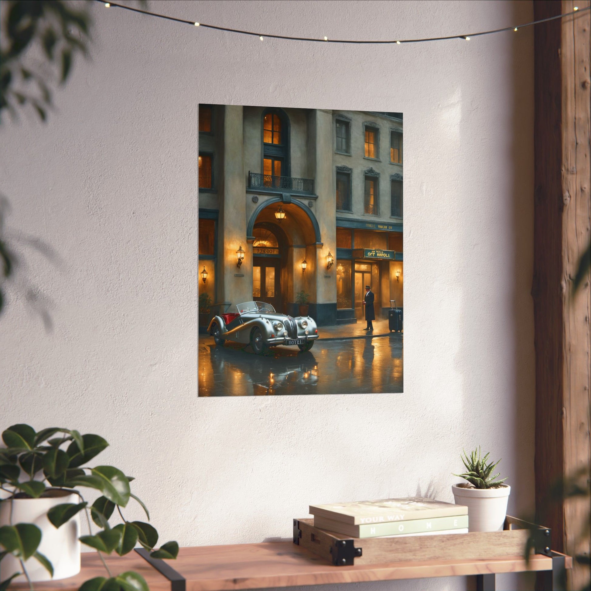 Elegant vintage car home decor print featuring a classic car outside a stylish building