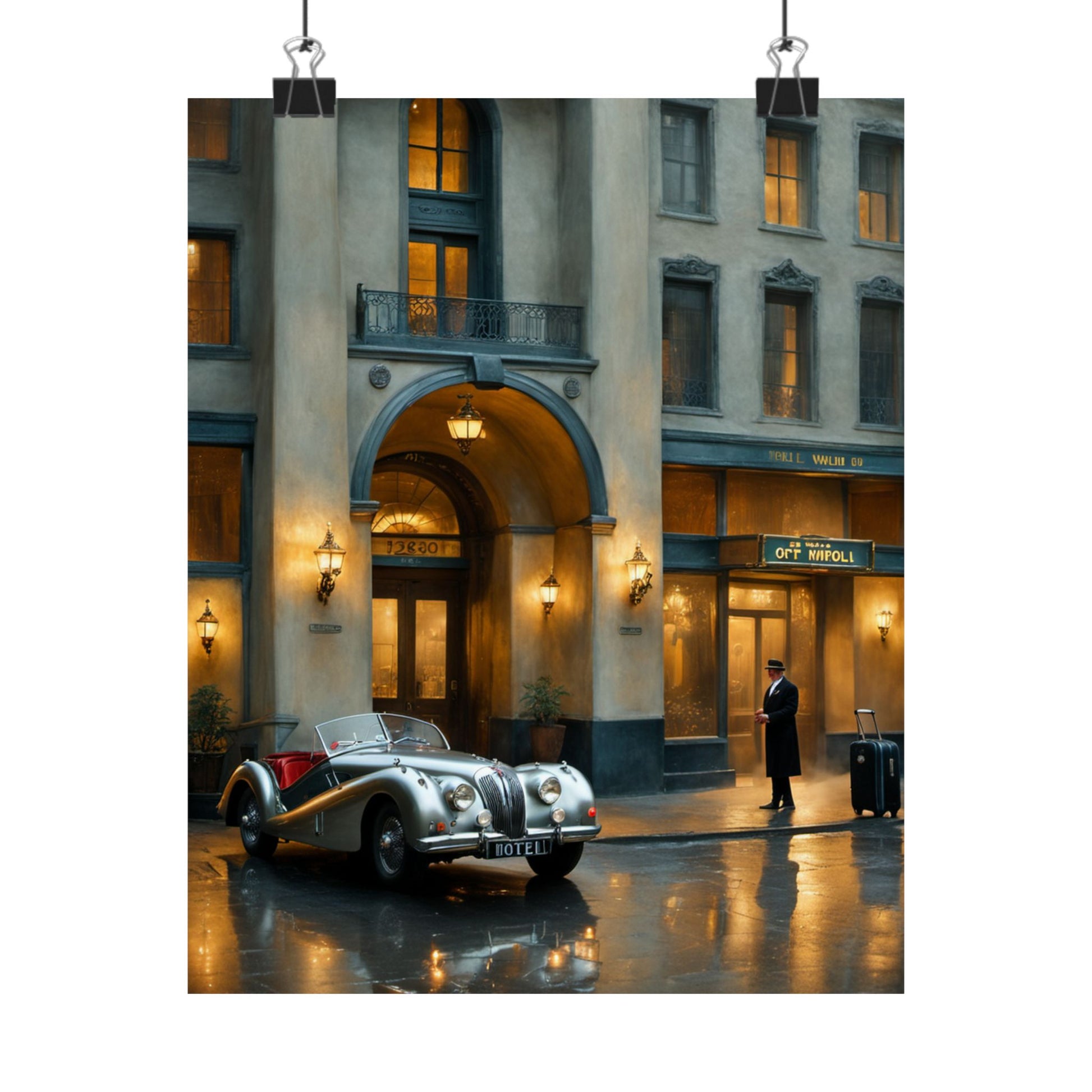 Elegant vintage car home decor print featuring a classic car in front of a stylish hotel entrance