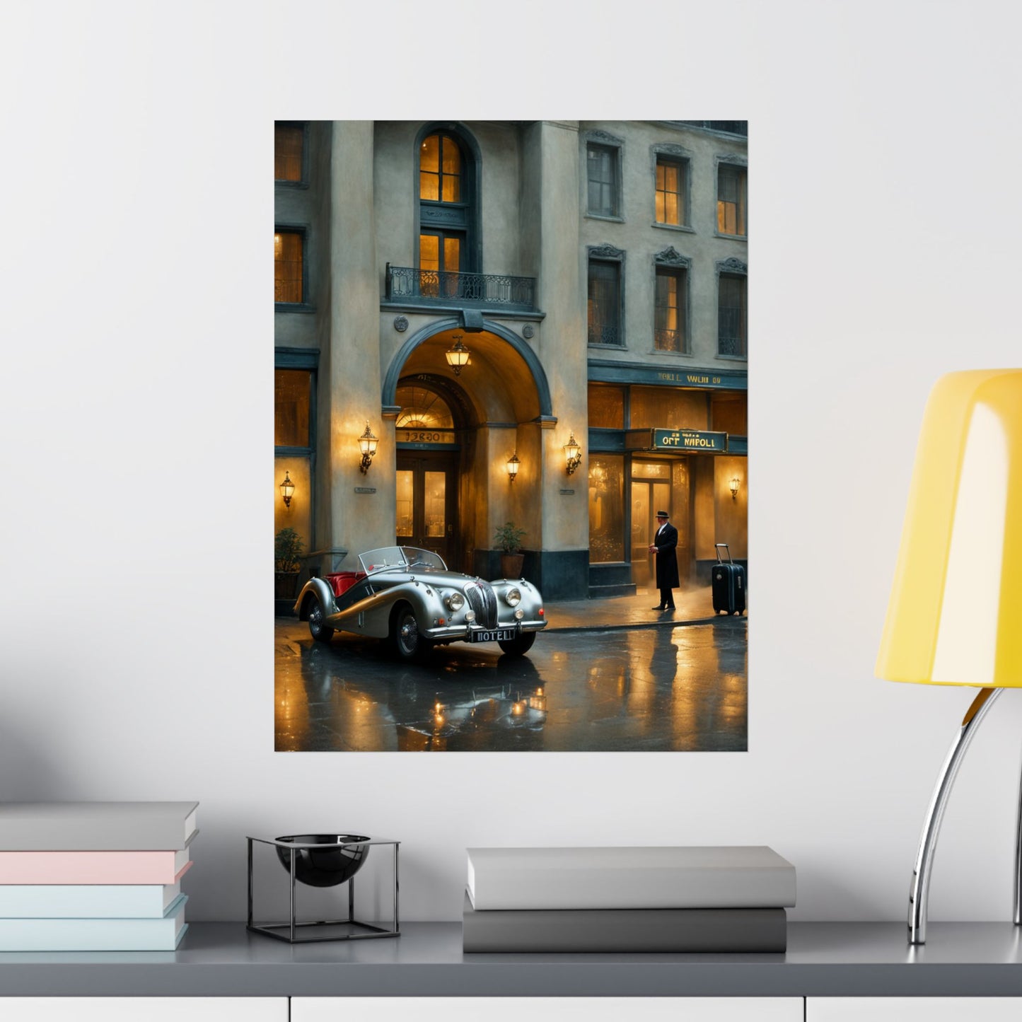 Elegant vintage car home decor print featured in a stylish setting with soft lighting and modern furniture