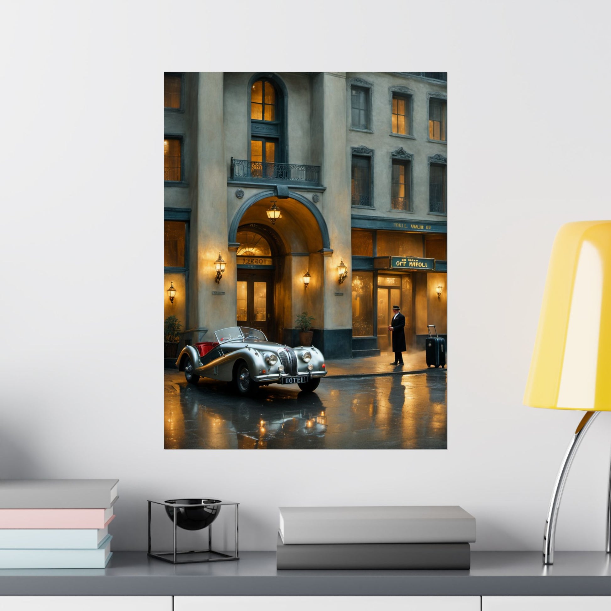Elegant vintage car home decor print featured in a stylish setting with soft lighting and modern furniture