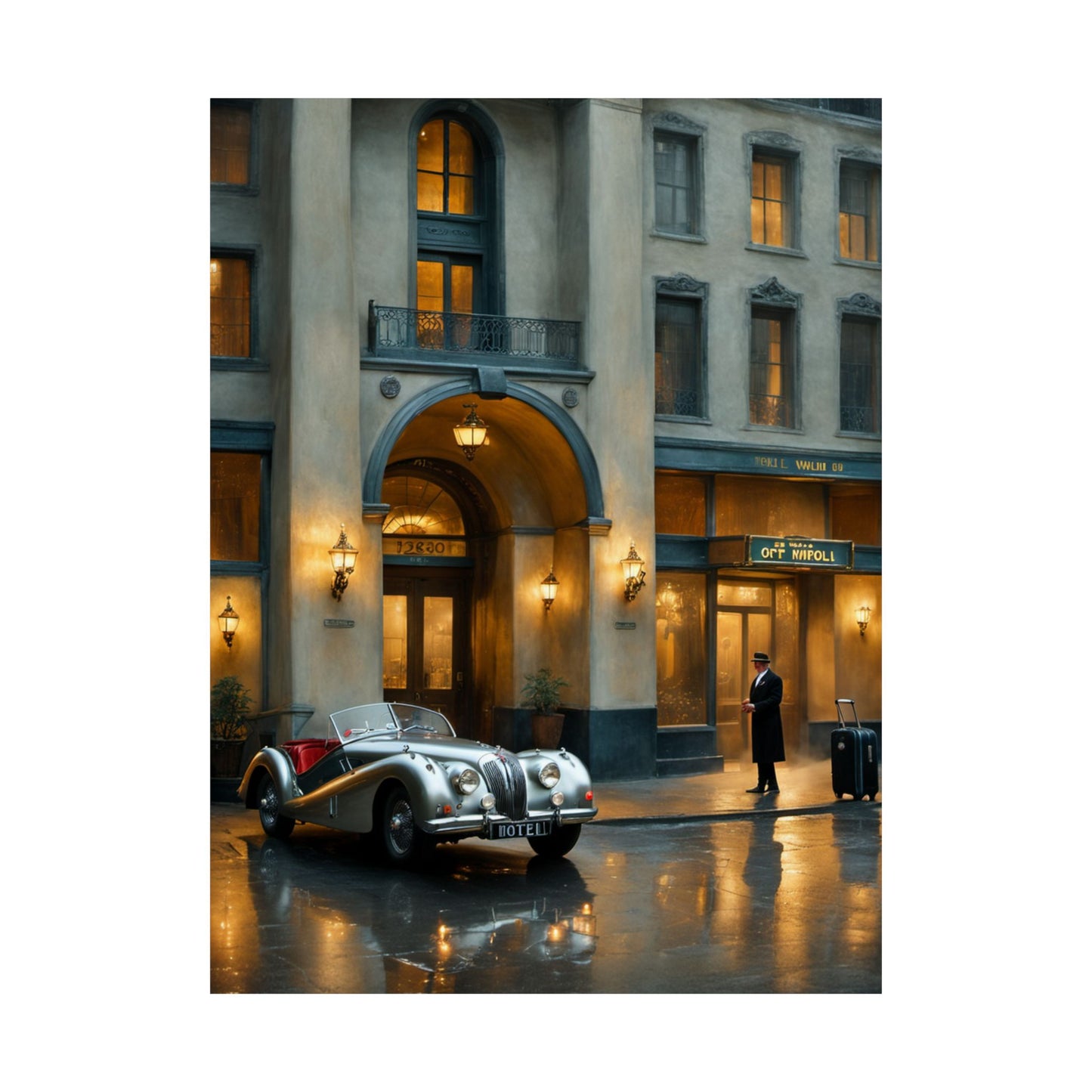 Elegant vintage car home decor print featuring a classic vehicle in a rainy city setting