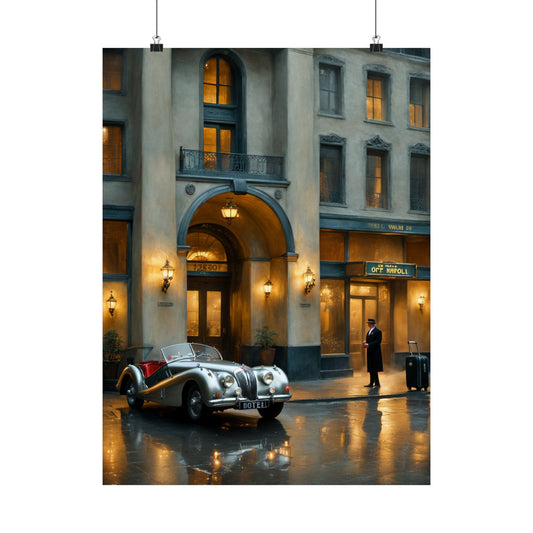 Elegant vintage car home decor print featuring a classic car parked outside a grand hotel entrance