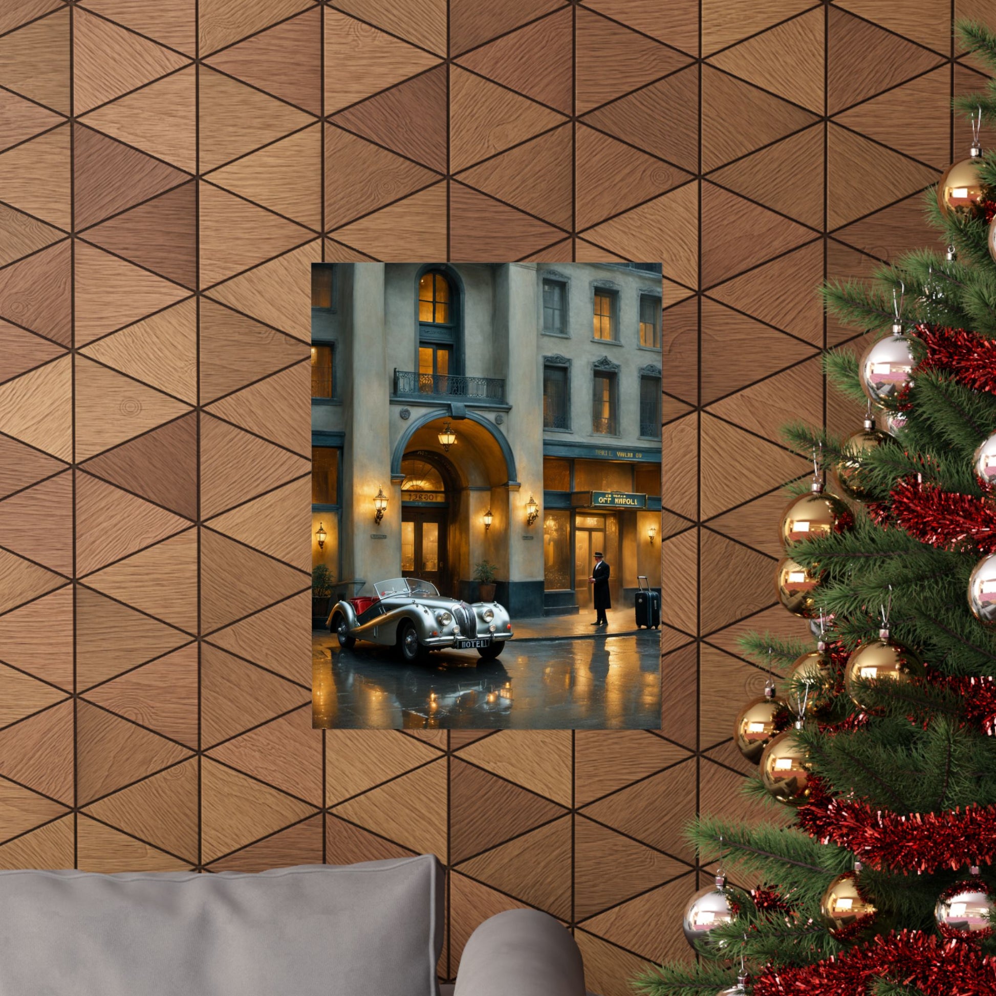 Elegant vintage car home decor print displayed on a geometric patterned wall near a Christmas tree