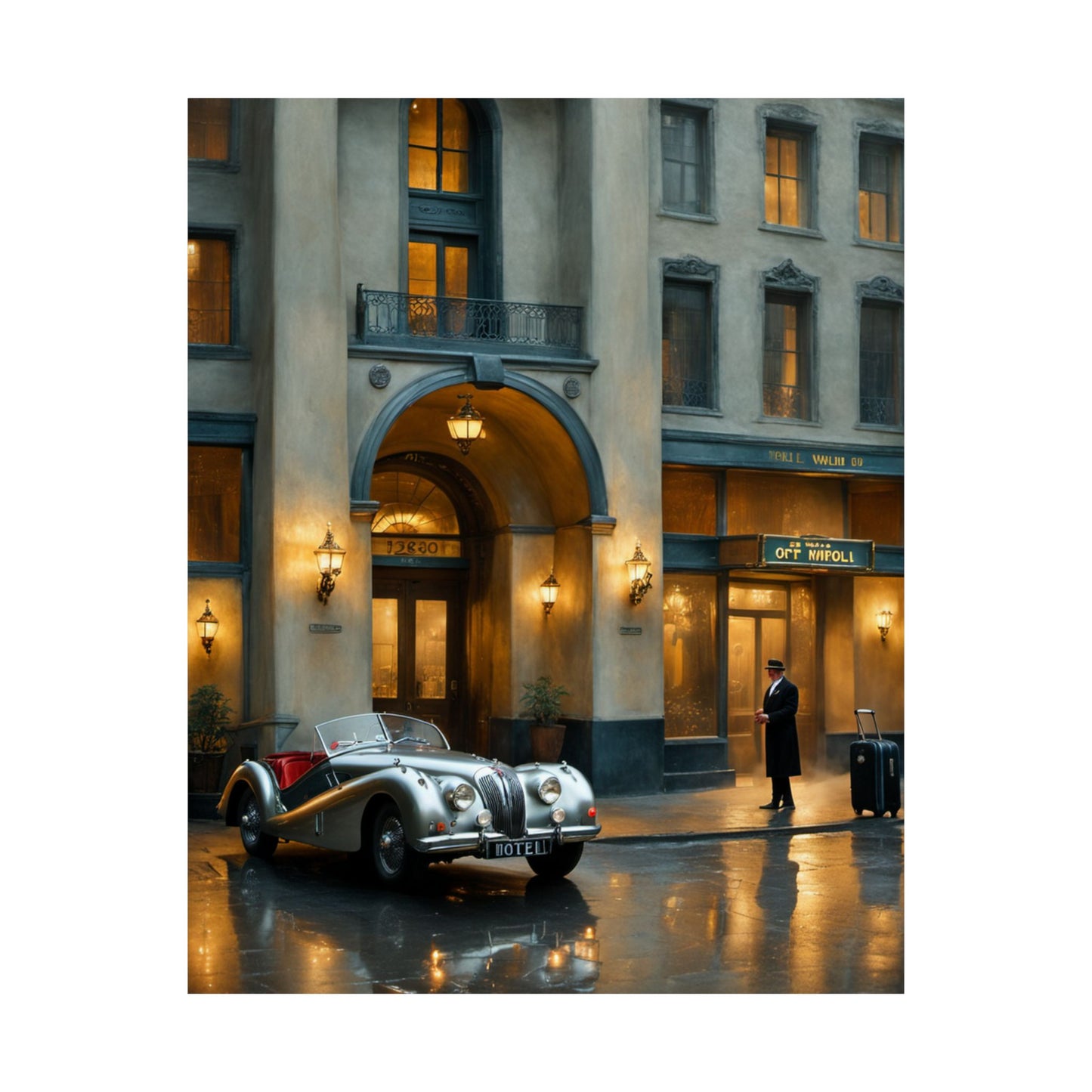 Elegant vintage car home decor print showcasing a classic car parked outside a luxury hotel