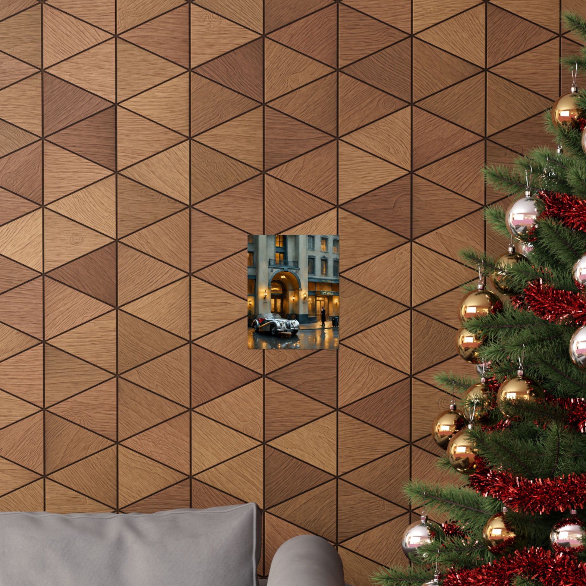 Elegant vintage car home decor print featured in a stylish living room setting with geometric wallpaper