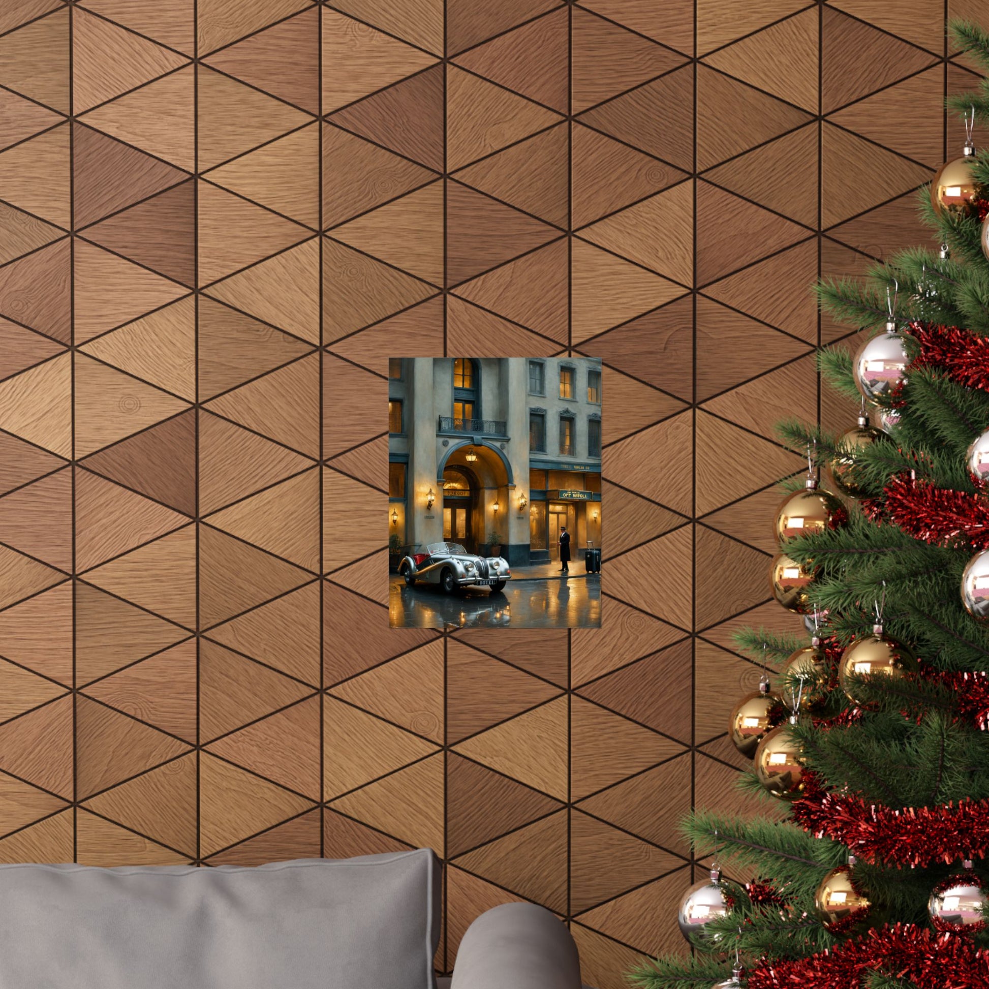 Elegant vintage car home decor print displayed on a geometric patterned wall in a cozy living room