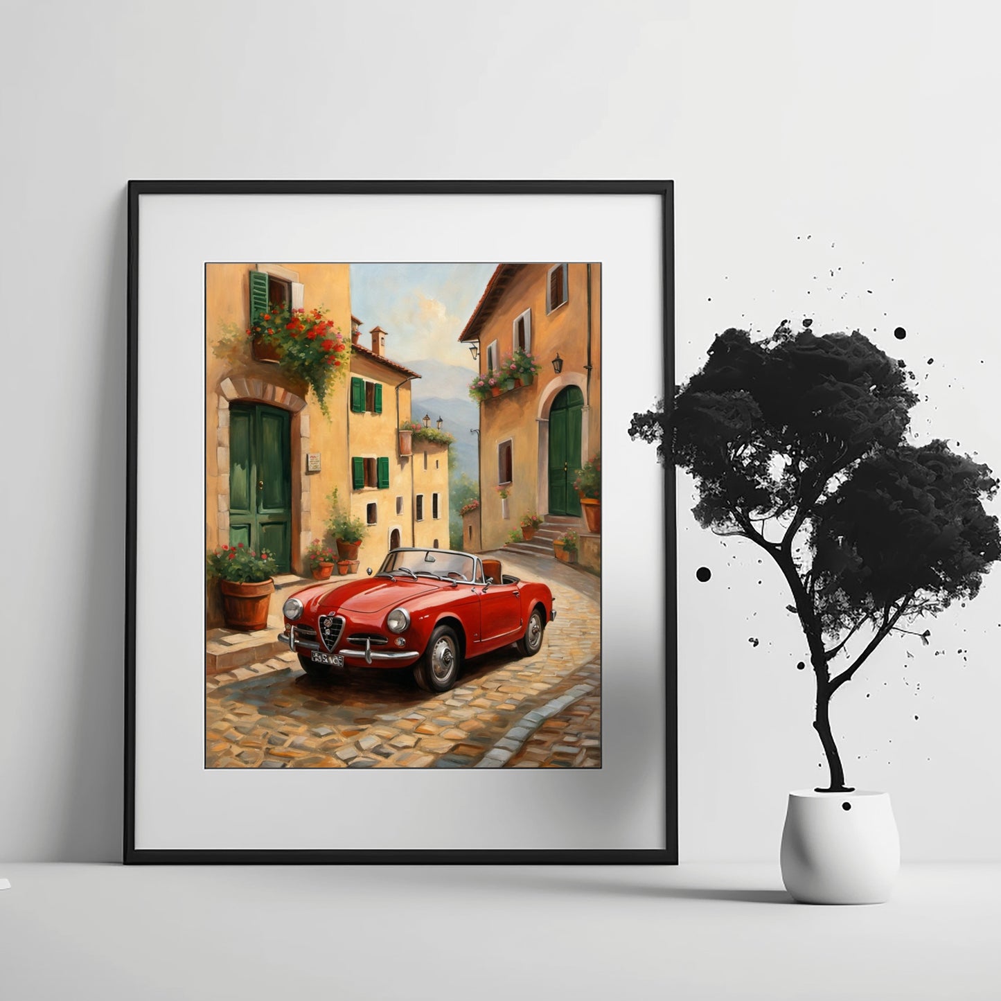 Vintage car home decor print featuring a red classic convertible in a European village setting