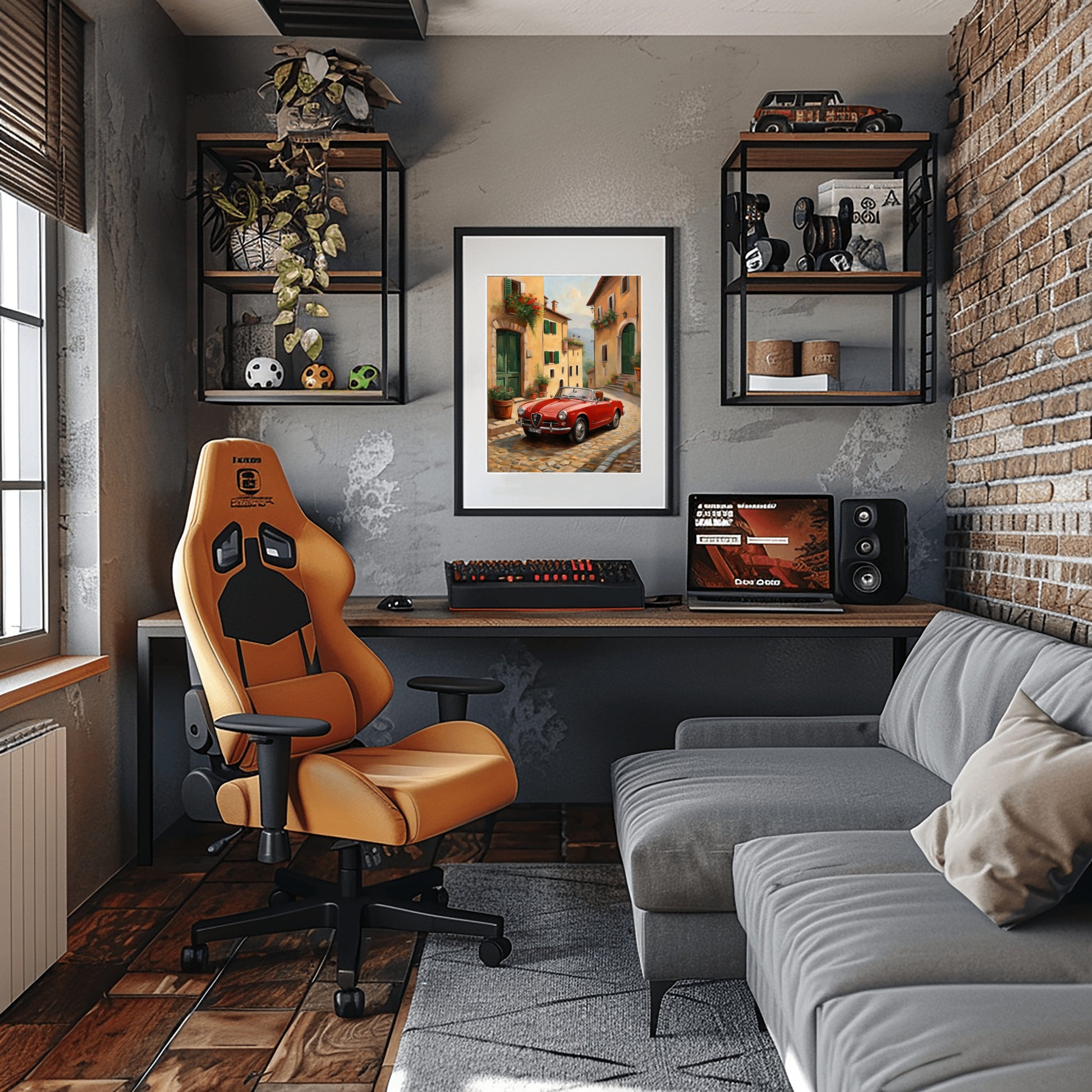 vintage car home decor print displayed in a modern cozy living room with orange chair and gray sofa