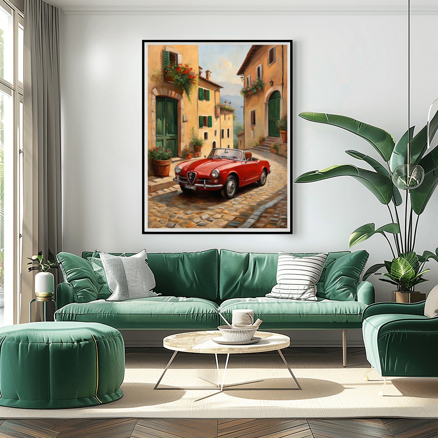 Vintage car home decor print by AquilVision displayed above green sofa in modern living room