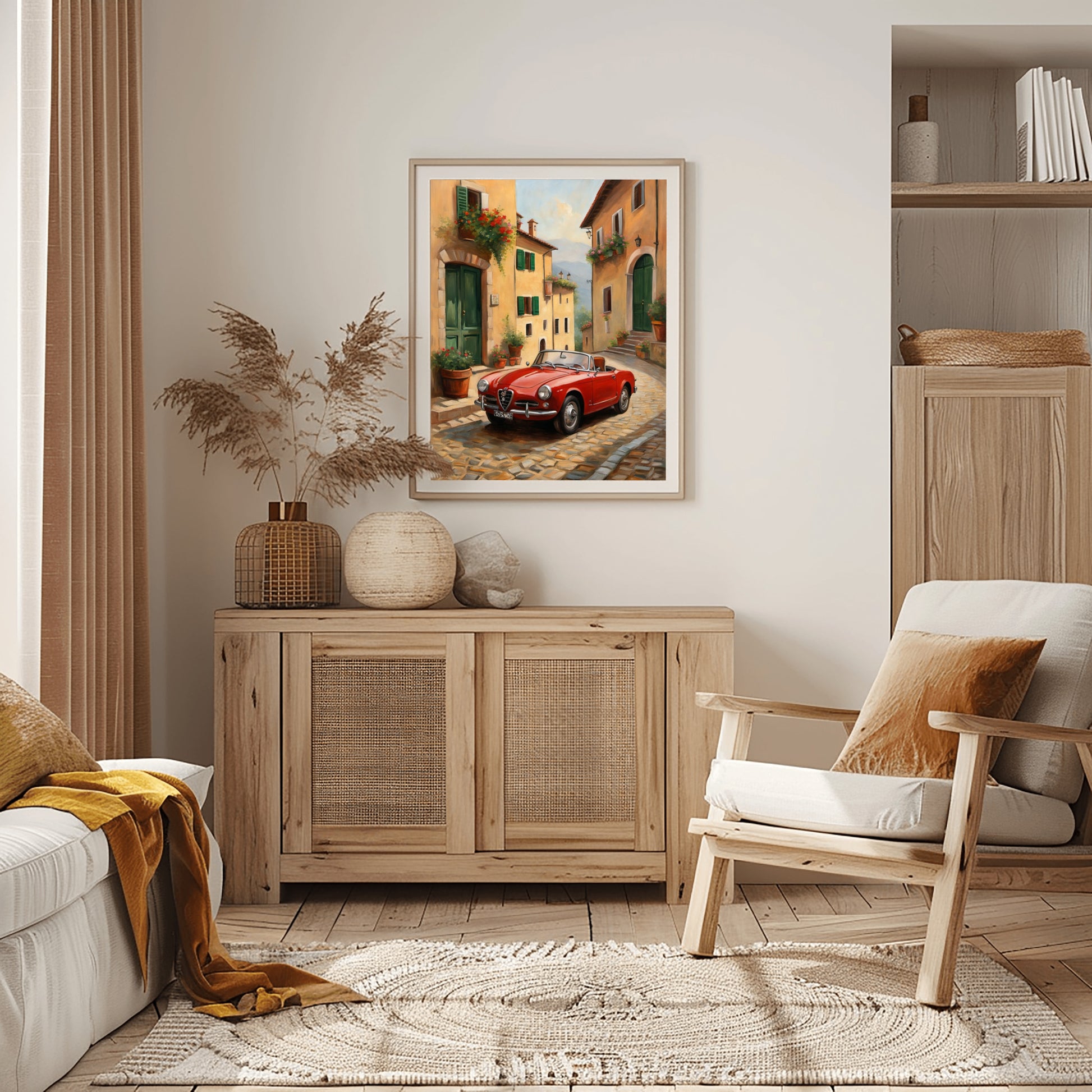 Vintage car home decor print featuring a red classic car on a cobblestone street in a framed wall art above wooden sideboard