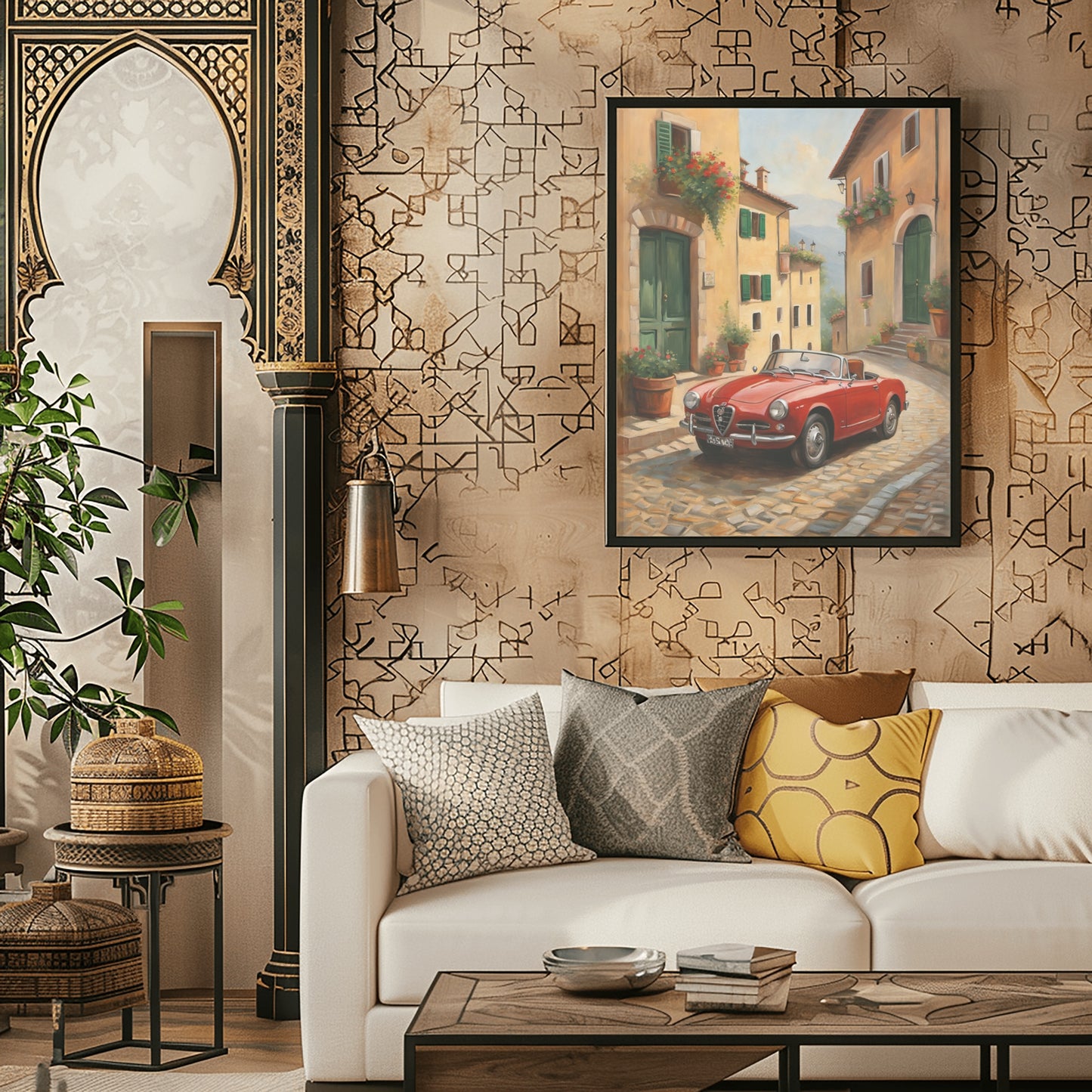 Vintage car home decor print featuring a red classic car on a cobblestone street in a cozy living room