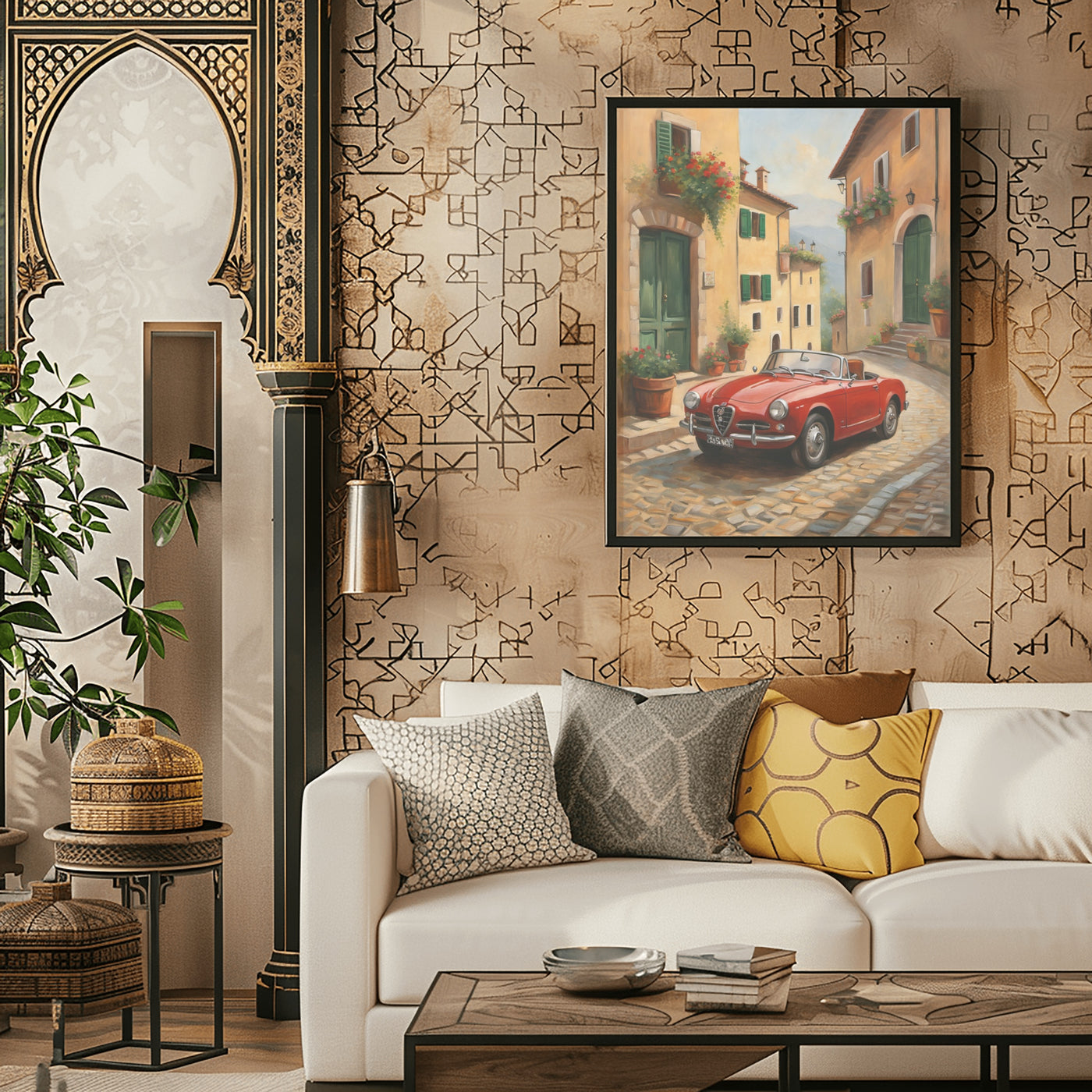 Vintage car home decor print featuring a red classic car on a cobblestone street in a cozy living room