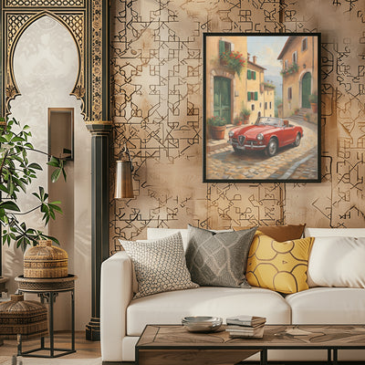 Vintage car home decor print featuring a red classic car on a cobblestone street in a cozy living room
