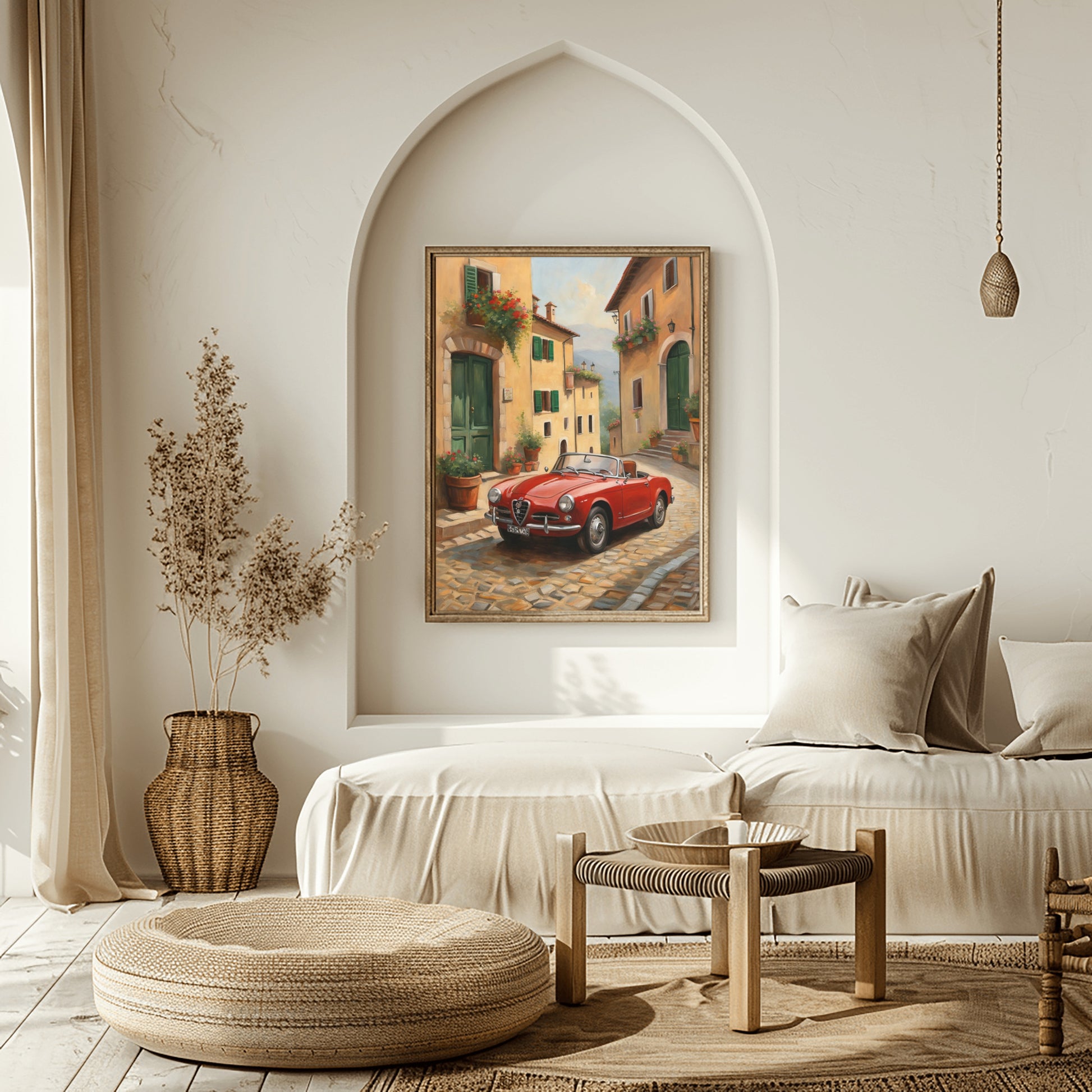 Vintage car home decor print featuring a red classic car on a cobblestone street in neutral living room