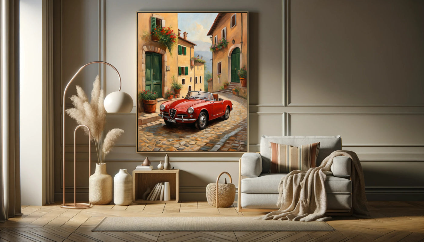 Vintage car home decor print of a red classic car on a sunny cobblestone street in a Mediterranean village