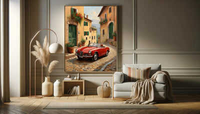 Vintage car home decor print of a red classic car on a sunny cobblestone street in a Mediterranean village