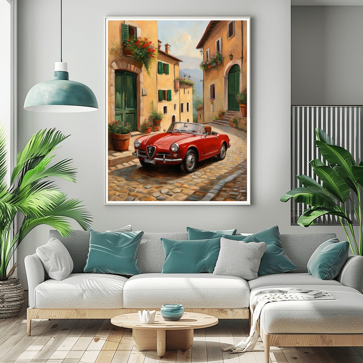 Vintage car home decor print featuring a red classic convertible on a cobblestone street in a cozy village