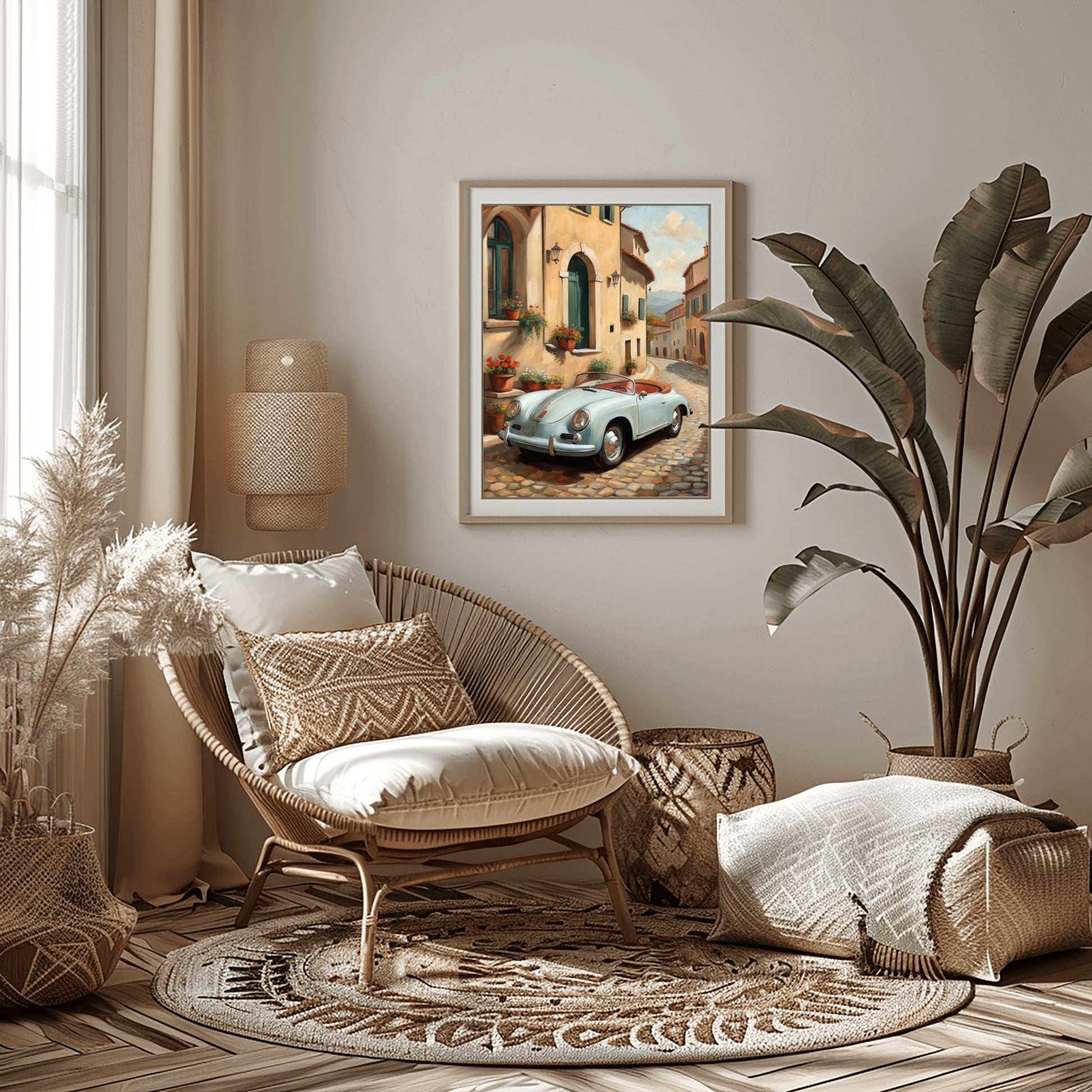 Framed Italian village car painting digital print by AquilVision displayed in cozy boho living room