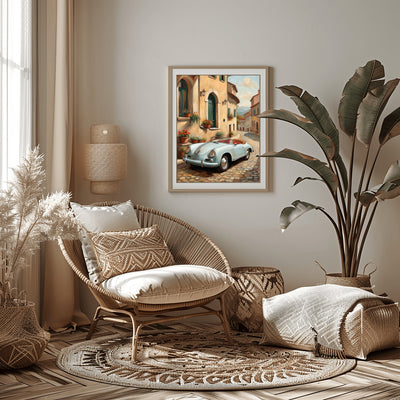Framed Italian village car painting digital print by AquilVision displayed in cozy boho living room