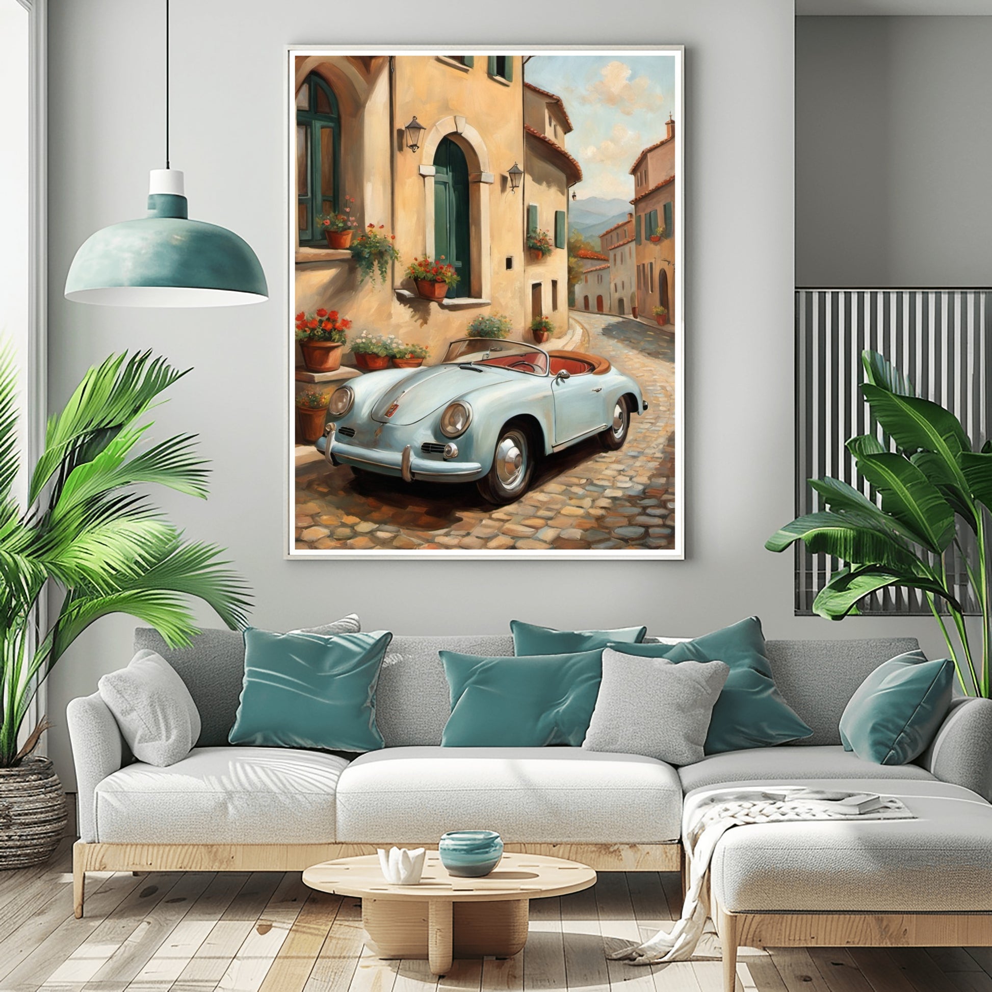 Italian village car painting by AquilVision featuring a vintage car on a cobblestone street with colorful buildings