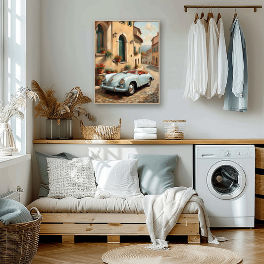 Cozy modern laundry room with wooden bench and Italian village car painting digital artwork by AquilVision